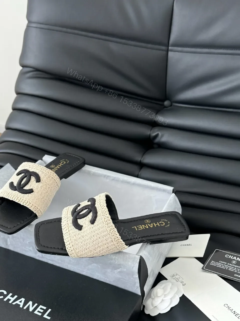 View 8 of Beige Canvas Slides with Interlocking Logo, Luxe-Style Comfort