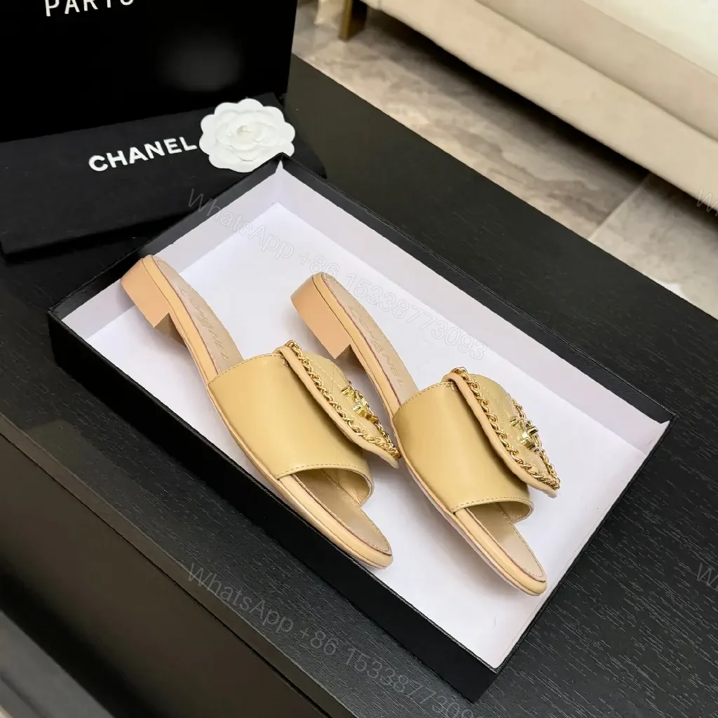 View 8 of Beige Quilted Leather Slide with Gold Crest, Luxe Casual