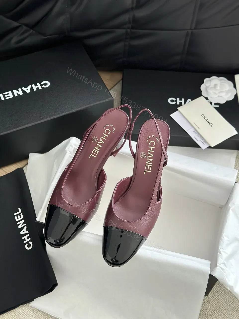 View 3 of Wine Satin Mule Pumps with Patent Cap Toe, Slip-On Style
