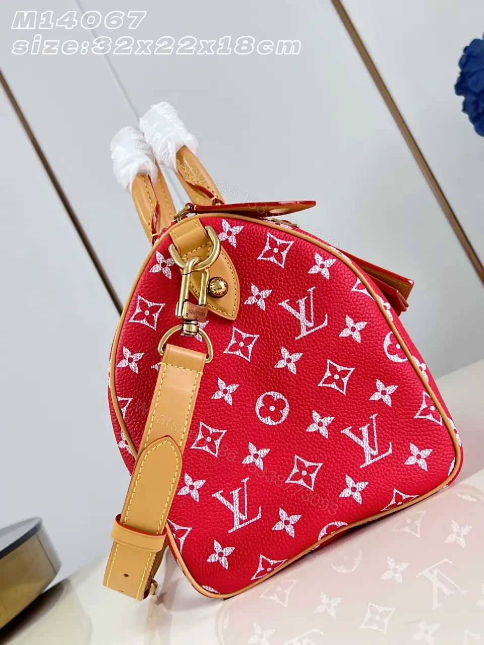 View 7 of Red Monogram-Pattern Leather Tote Bag with Tan Accents and Top Handles