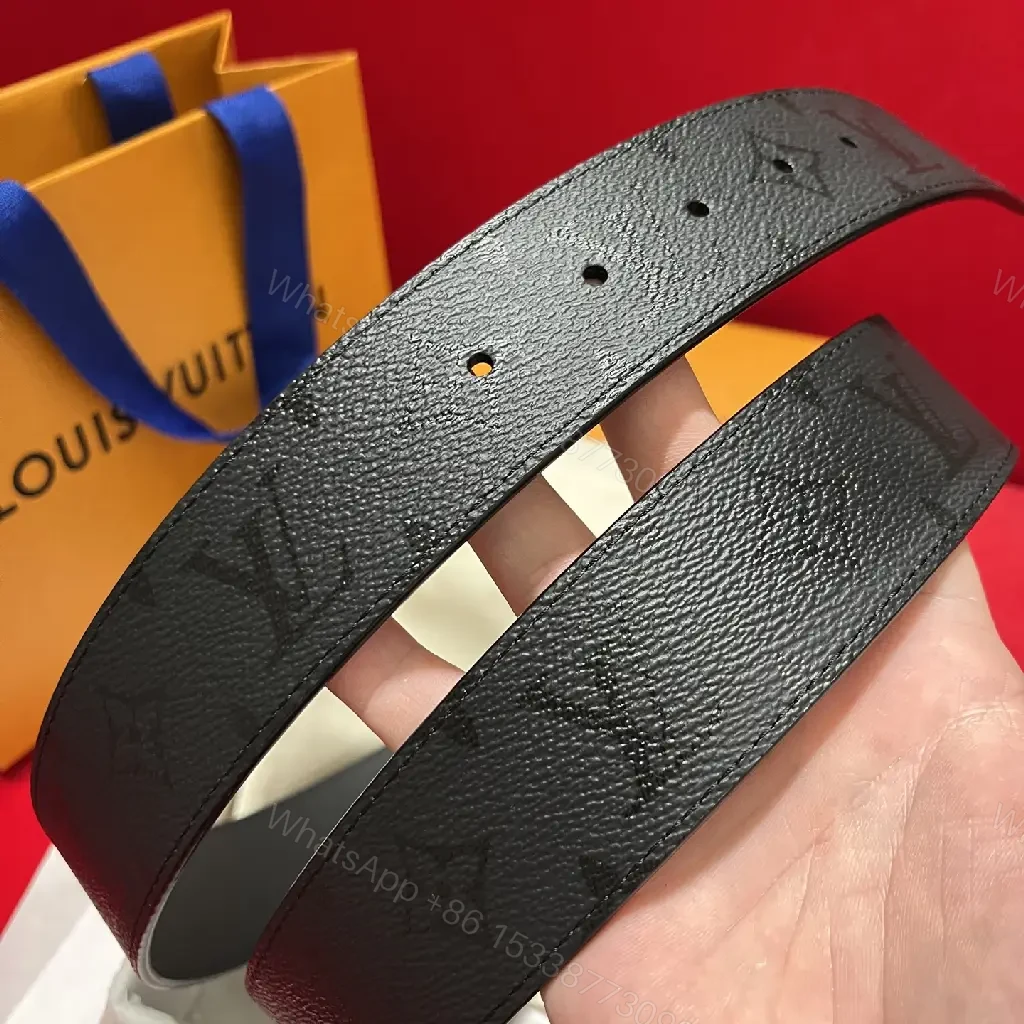 View 8 of Black Leather Belt Sleek Modern Pebbled Texture LV Buckle Belt