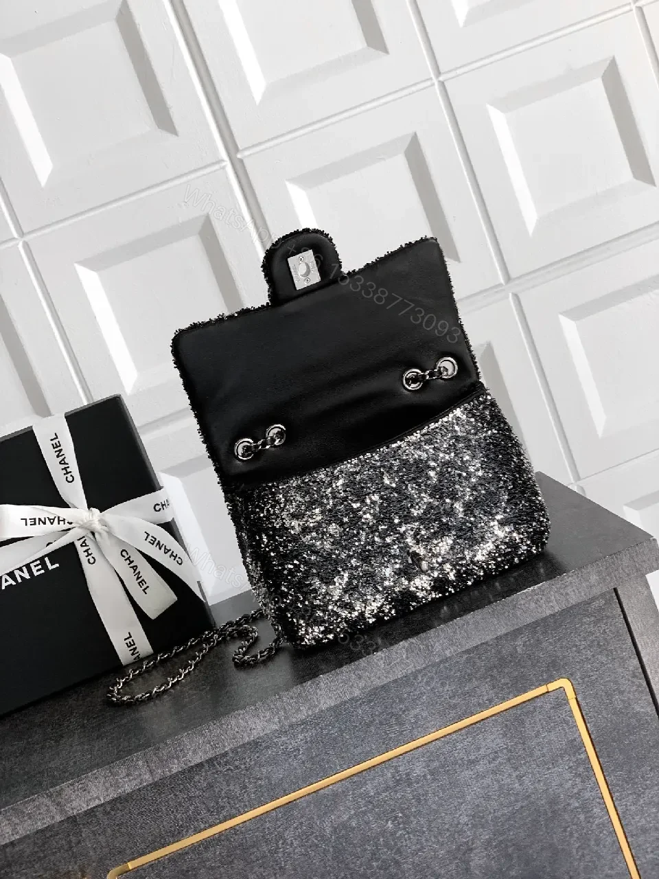 View 8 of Glossy Night Out Bag: Sequin-Quilted Chain-Top Shoulder Bag