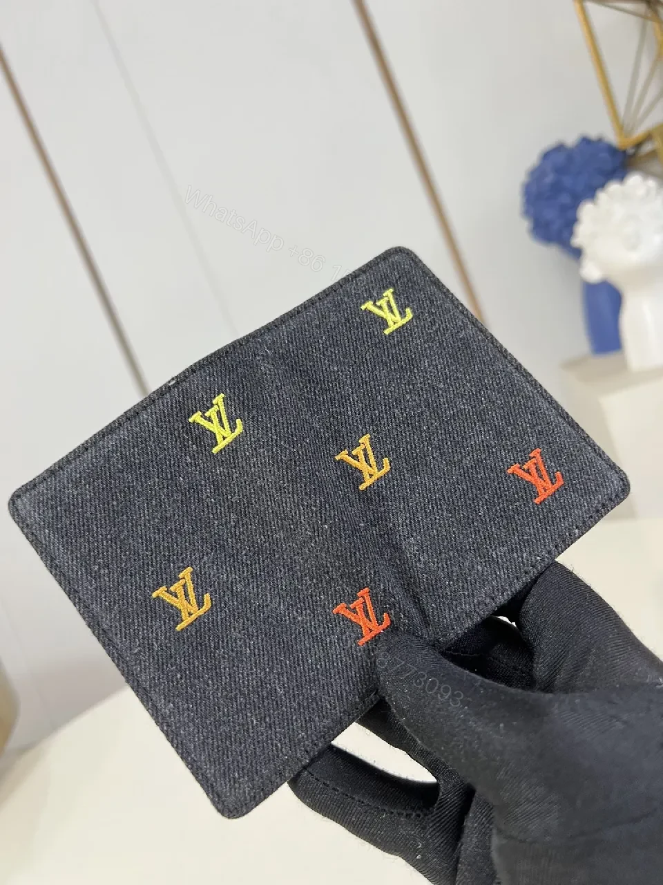 View 3 of Denim Compact Wallet: Embroidered LV-Inspired Accent