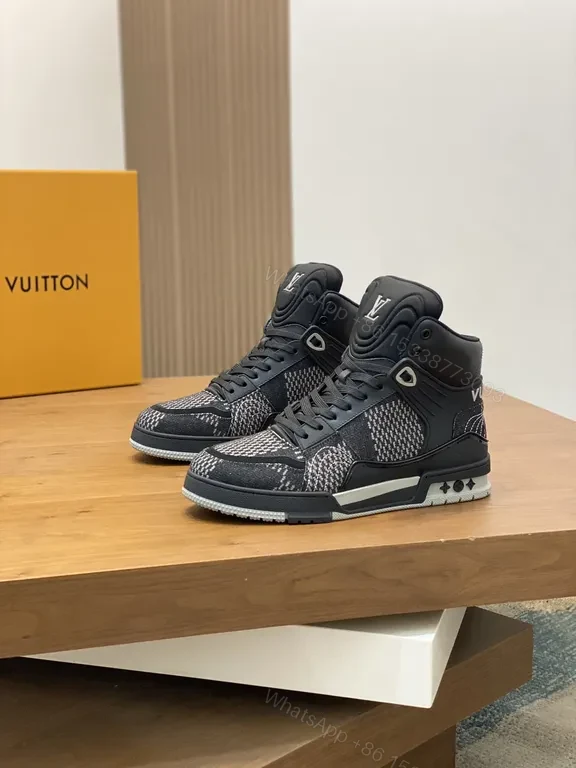 View 2 of Black Leather Mesh High-Top Sneakers | LV-Inspired, All-Day Comfort