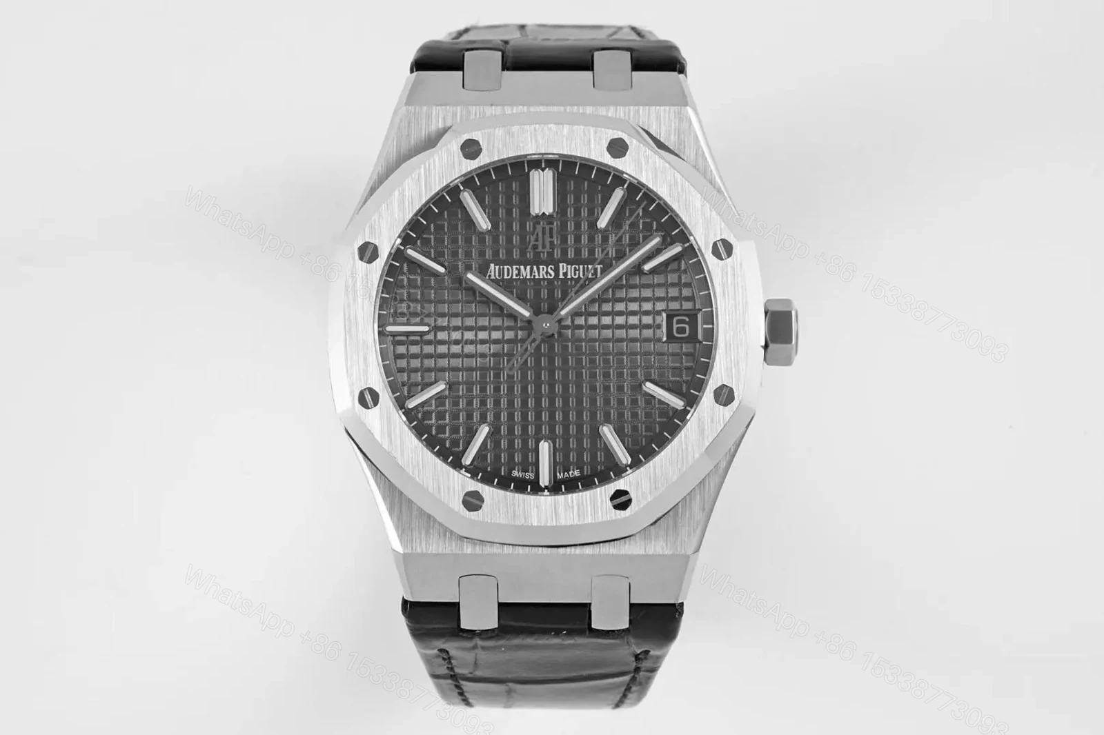 8F Factory Audemars Piguet Royal Oak 15500 Stainless Steel Watch with Black Dial and Leather Strap — view 1
