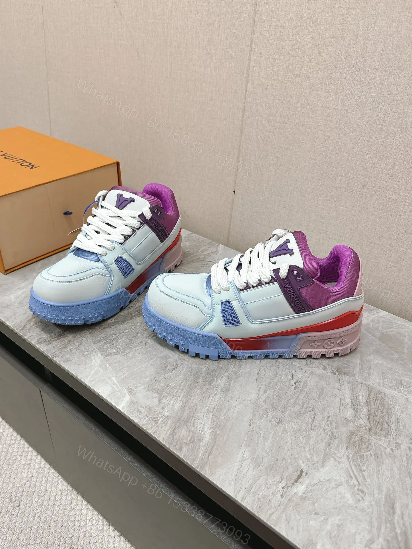 View 3 of LV Women Blue White Leather Sneakers