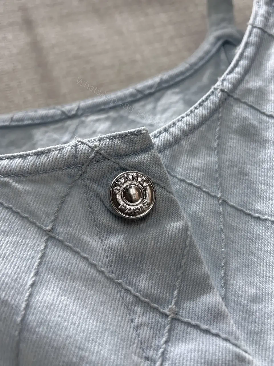 View 3 of Light blue quilted denim dress with diamond pattern, button-front, premium everyday luxury