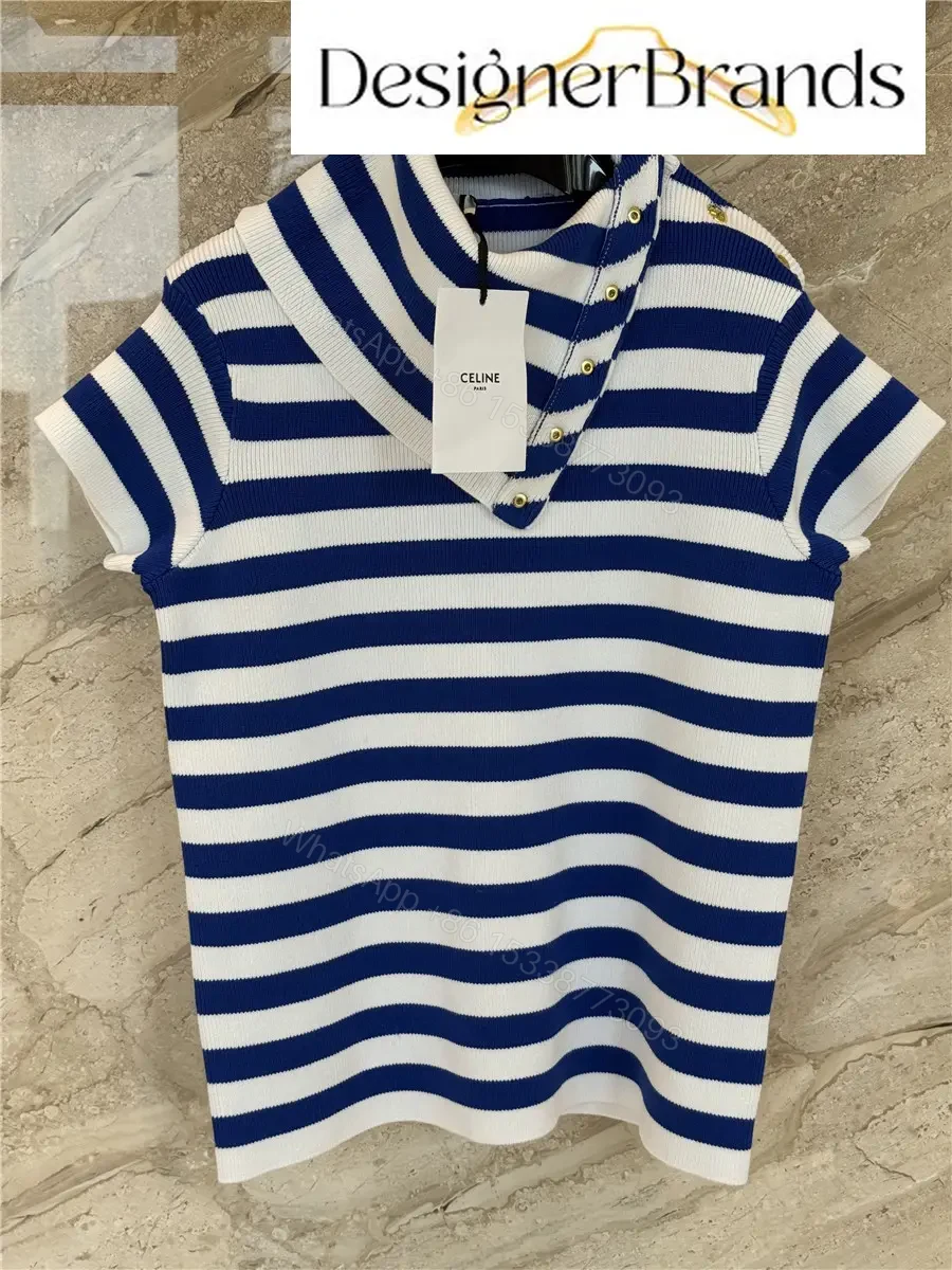 View 2 of Celine Classic Striped High-Neck Short-Sleeve Knit Top