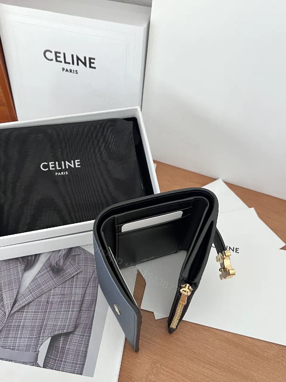 View 5 of Compact Black Leather Wallet with Gold Hardware