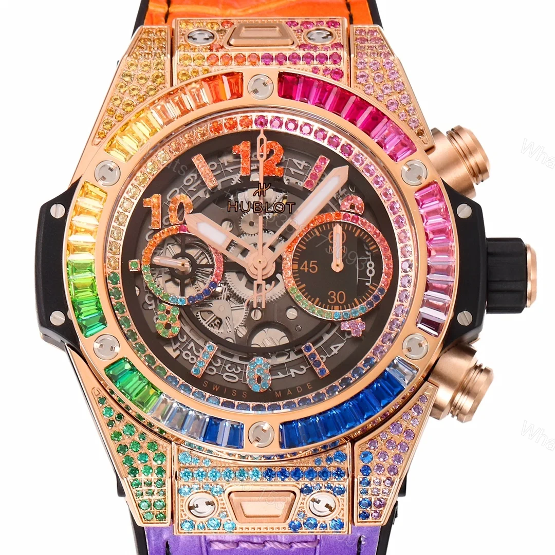 View 2 of Hublot Big Bang Rainbow Replica 45MM Premium Rose Gold Case Purple Orange Leather Strap Edition RG-HUBLOT-RAINBOW-RG-45