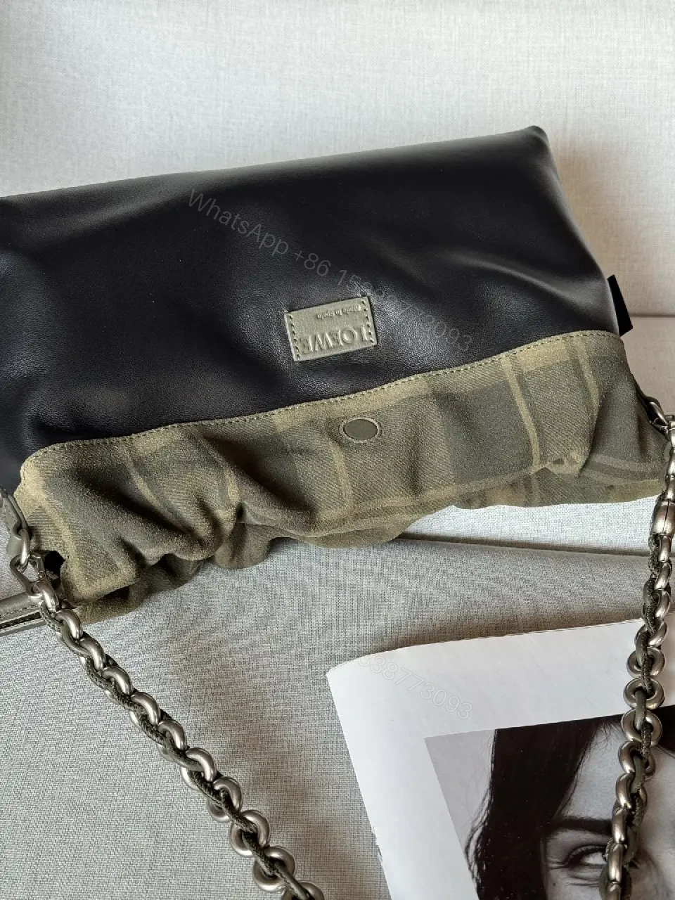 View 3 of Textured Contrast Crossbody: Black & Olive, Modern Edge Bag