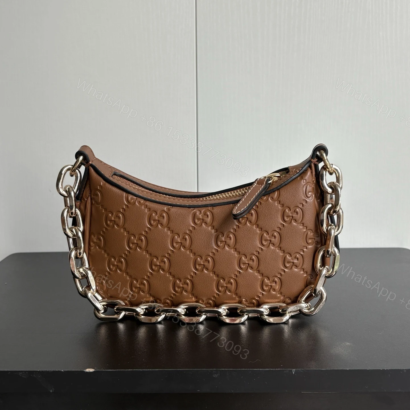 View 4 of Gucci Gg Emblem Mini Shoulder Bag In Brown Gg Embossed 19Cm