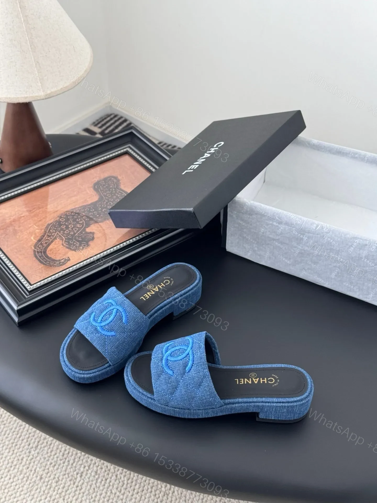 View 2 of Chanel Women Blue Denim Slides