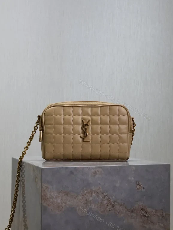 Taupe Quilted Crossbody Bag with Gold YSL-Inspired Logo — view 1