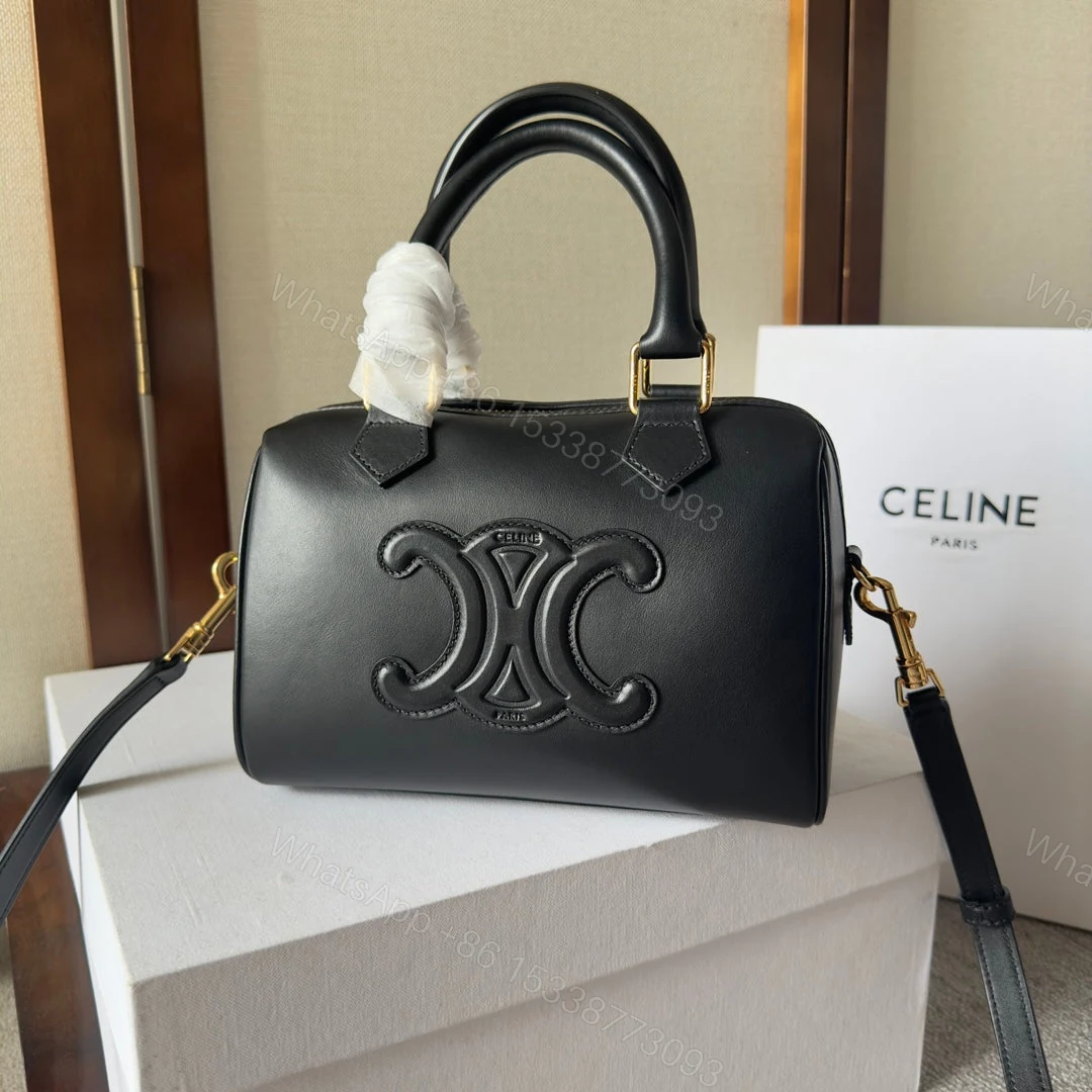 View 3 of CELINE SMALL BOSTON BAG IN SMOOTH CALFSKIN WITH CUIR TRIOMPHE BLACK