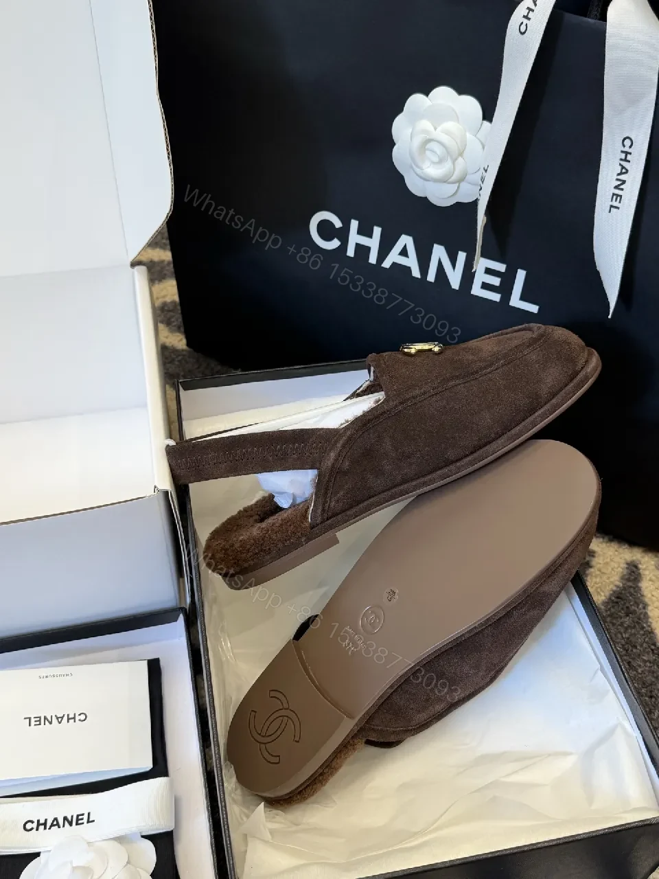 View 7 of Brown Suede Mule with Gold Logo Hardware – Slip-On Luxury Style