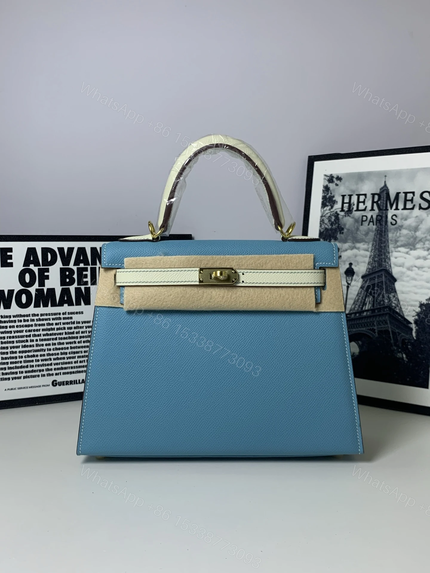 高仿 Hermes Kelly 25 奶油白拼藍色手提包 氣質優雅女包 — view 1