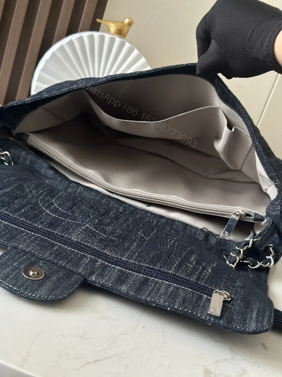 View 2 of Denim-Textured Quilted Bag with Chain-Detail Handle