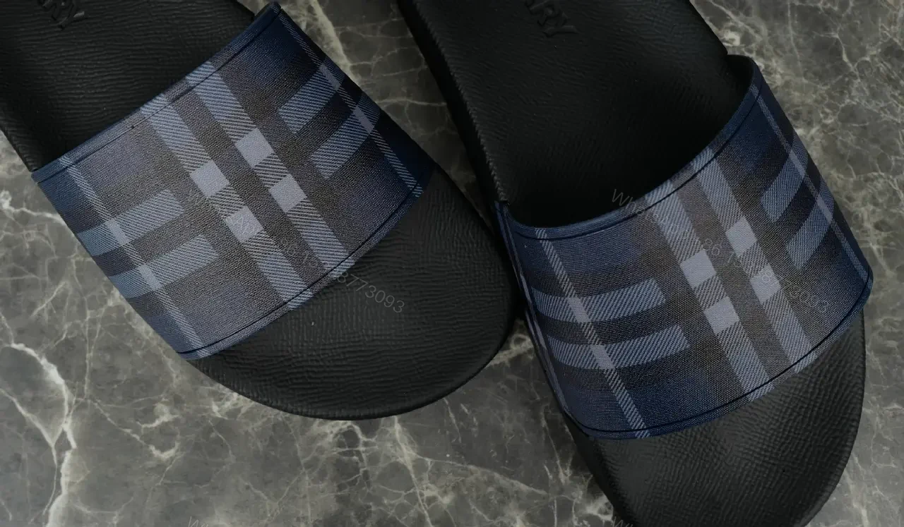 View 4 of Blue Plaid Slide Sandals with Burberry Design