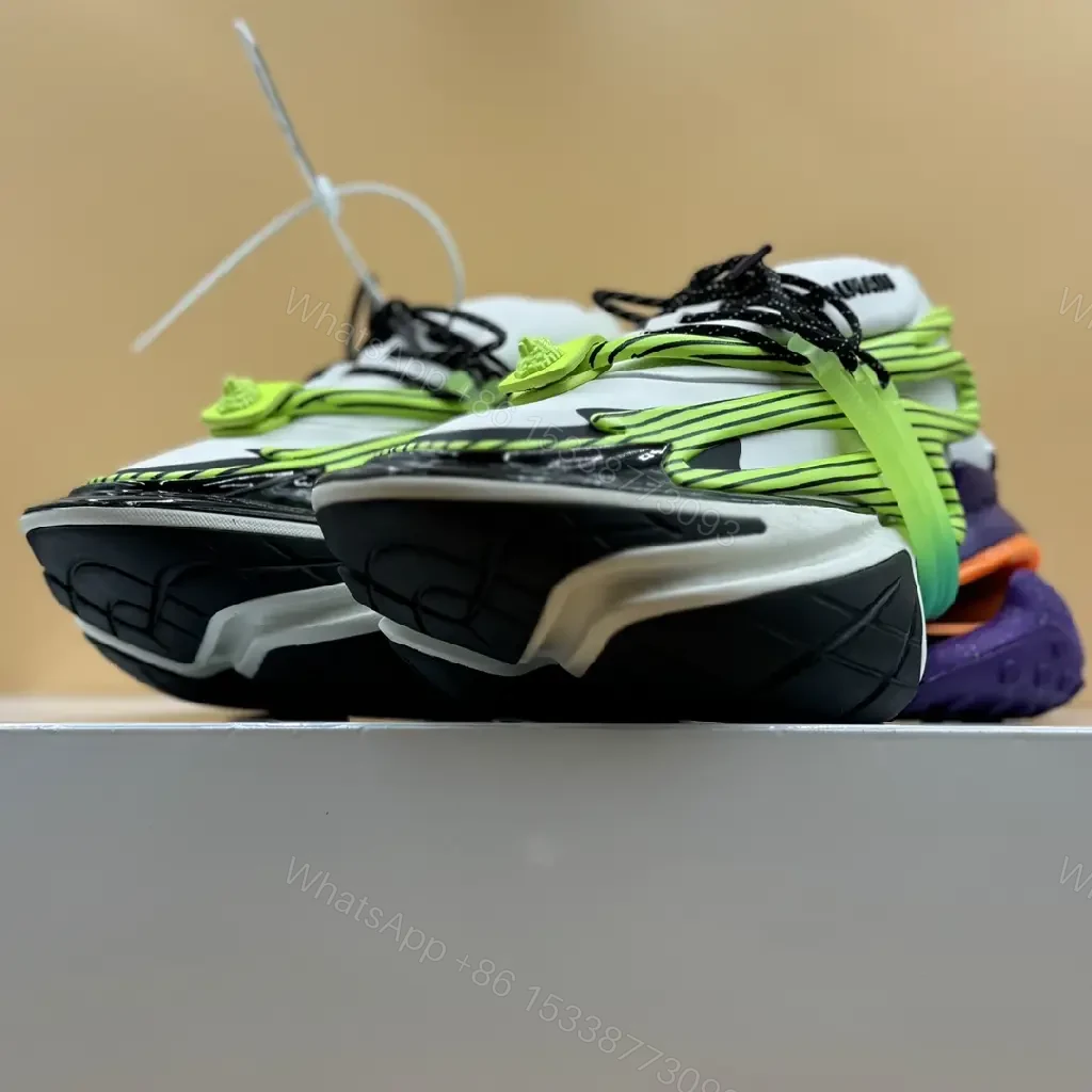 View 3 of Neon green striped sneaker in mixed materials for premium everyday luxury