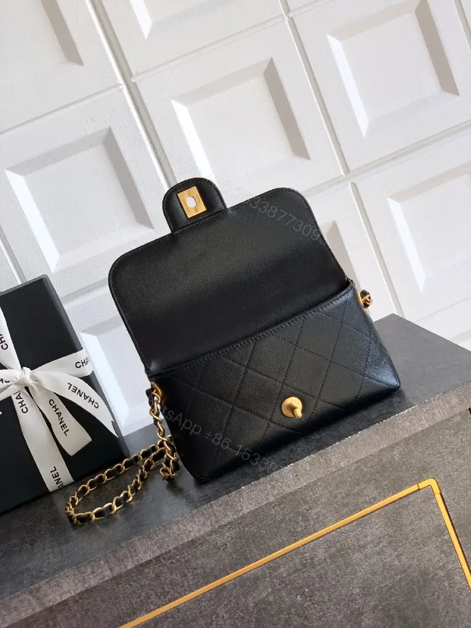 View 2 of Quilted Black Leather Bag with Gold Closure, Crossbody Glam