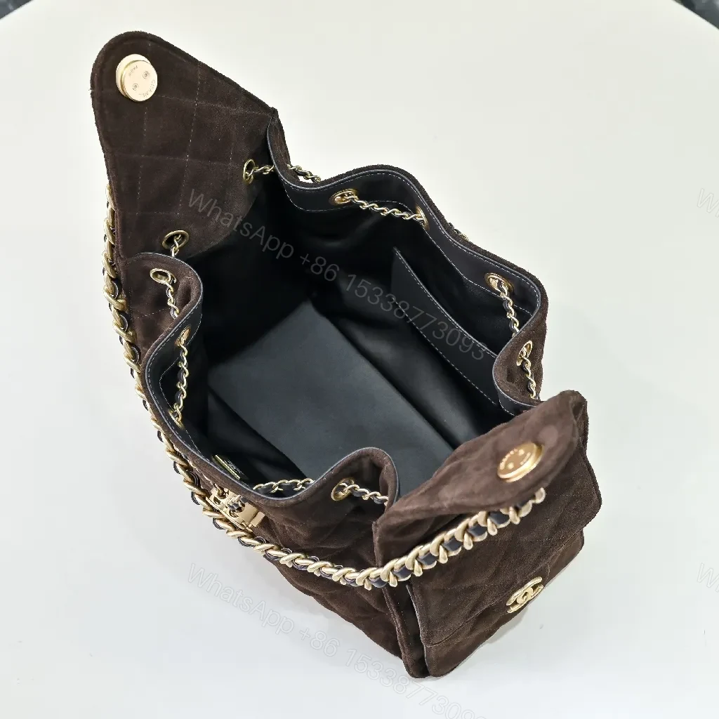 View 6 of Dark Chocolate Suede Bag with Gold Chain Detail, Flap Style Bag