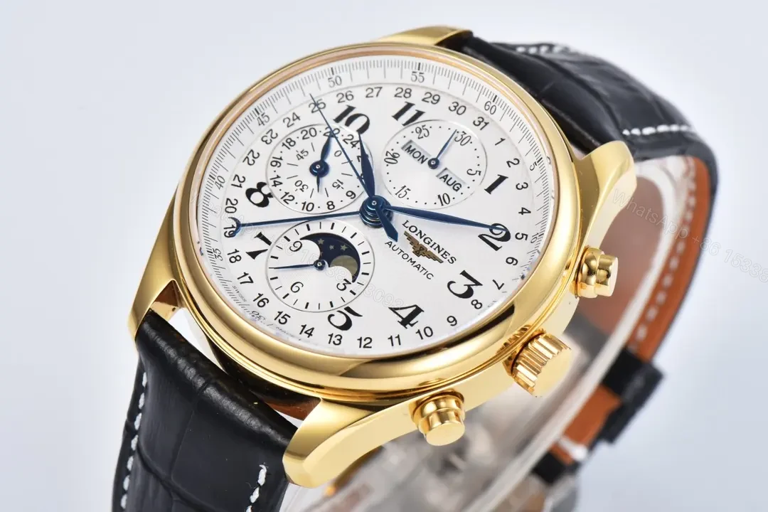 View 3 of Longines Master Collection Moon Phase Chronograph Watch Gold Case Black Leather Strap White Dial