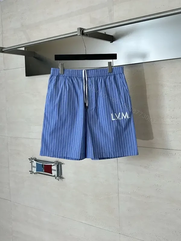 Blue Striped Lightweight Drawstring Shorts - Subtle Embossed Logo Luxury — view 1