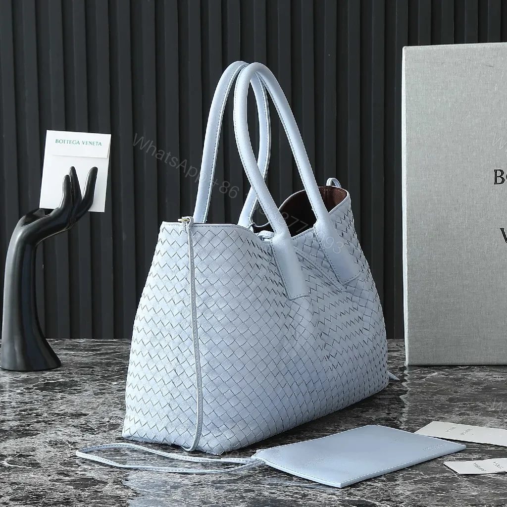 View 7 of Light Blue Woven Leather Tote: Everyday Luxe, Spacious