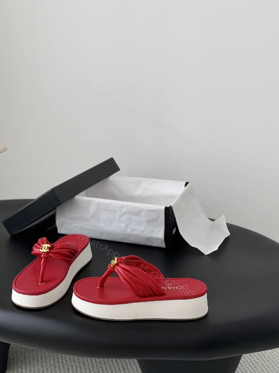 View 2 of Red Satin Flip-Flops with Gold Chanel Logo Student Style Sandals