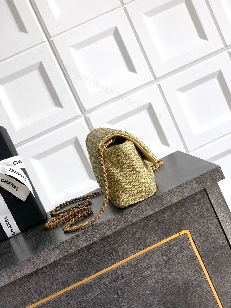 View 9 of Gold Glitter Clutch with Iconic Logo, Lux Evening Bag
