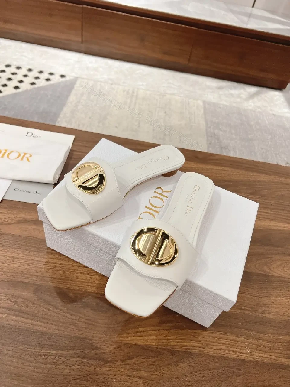 View 5 of White Leather Slide Sandals Gold Heart Buckle Dior Style Comfortable Sandals