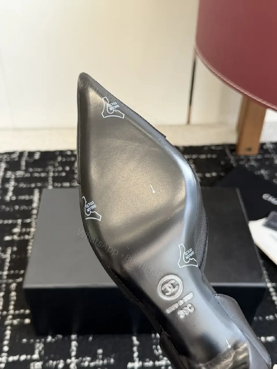 View 9 of Black Leather Sandal Heels with Chanel Logo, Slingback Style
