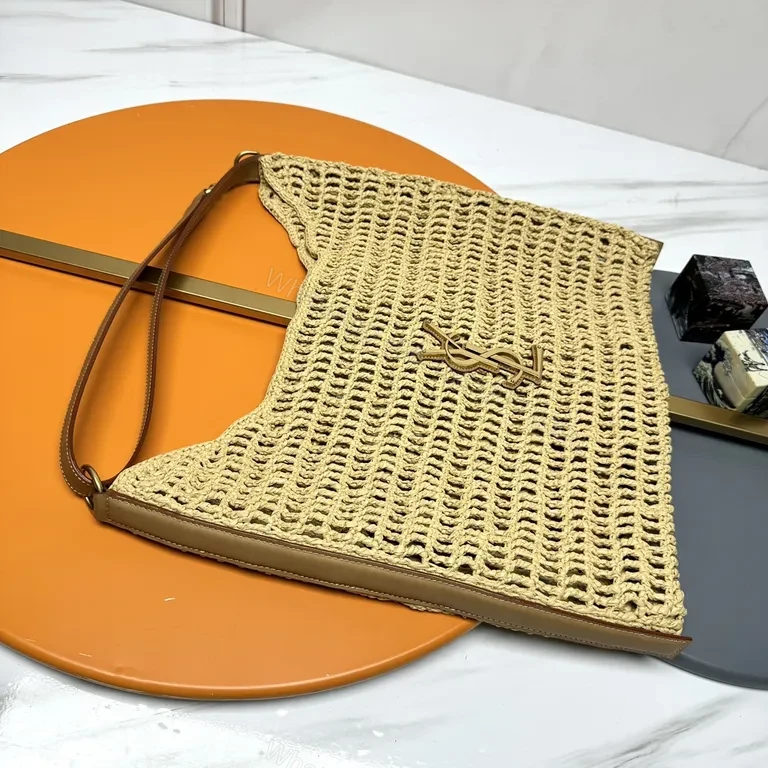 View 2 of Natural Tan Woven Straw Shoulder Bag â€” Luxury, Breathable, YSL Emblem