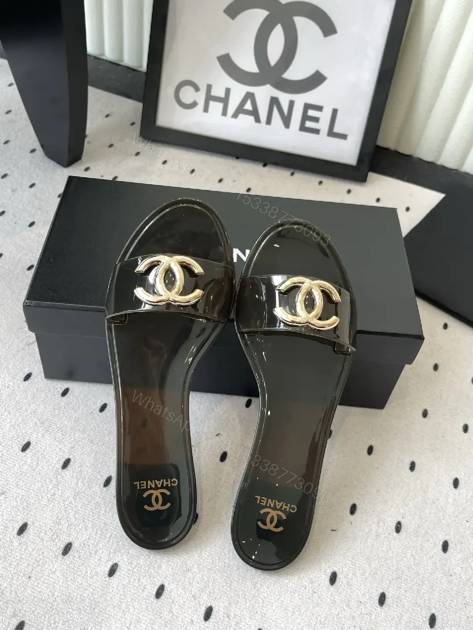 View 5 of Black Patent Leather Slides Gold Chanel Logo - Slide Sandals