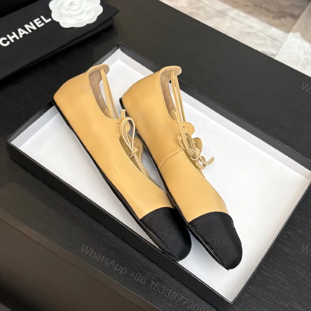 View 7 of Tan Leather Ballet Flats – Black-Tipped, Bow Accent, Cushioned Comfort