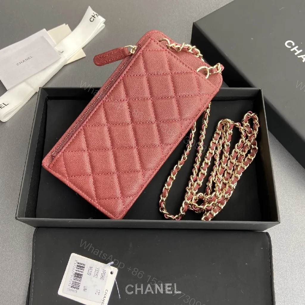 View 7 of Red Quilted Wallet Bag with Gold Chain Strap