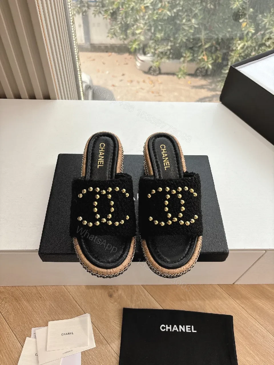 View 6 of Textured Black Sandals with Gold Bead Embellishment
