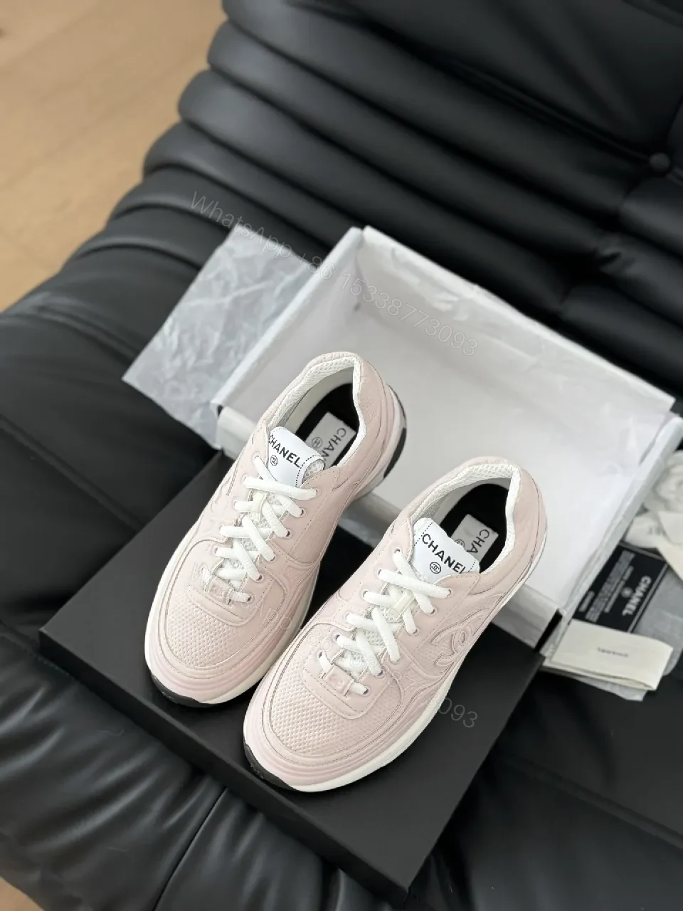 View 3 of Soft Pink Leather Sneaker - Subtle Couture Texture, Everyday Luxe, High-Top