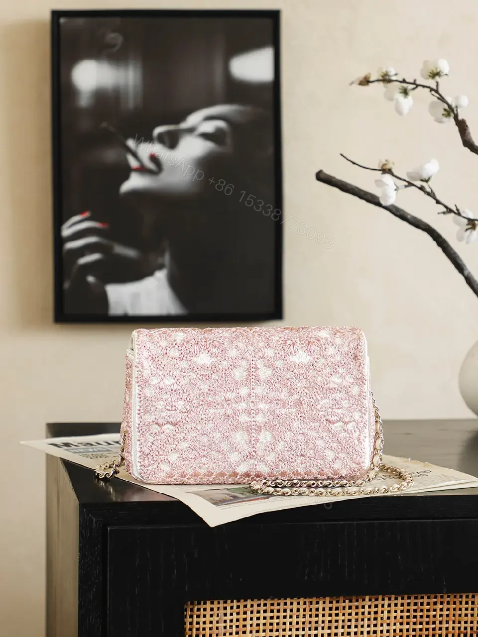 View 4 of pink glitter fabric Chanel-inspired shoulder bag with chain strap for everyday luxury