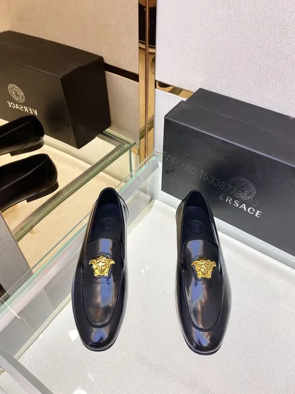 View 9 of Versace Black Calfskin Loafers with Medusa Hardware