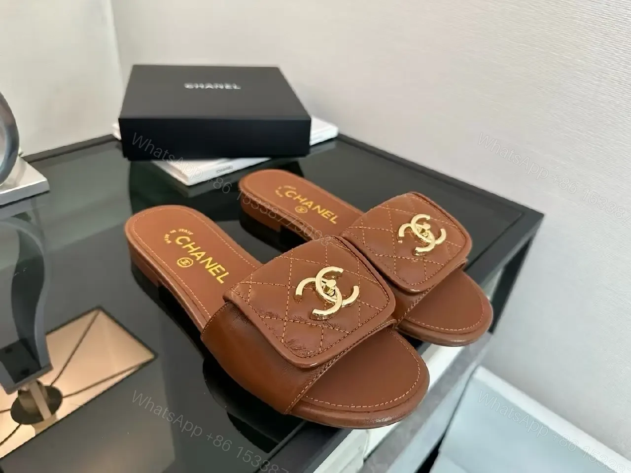 View 10 of Quilted Leather Slides with Gold Hardware, Luxury Casual Glide