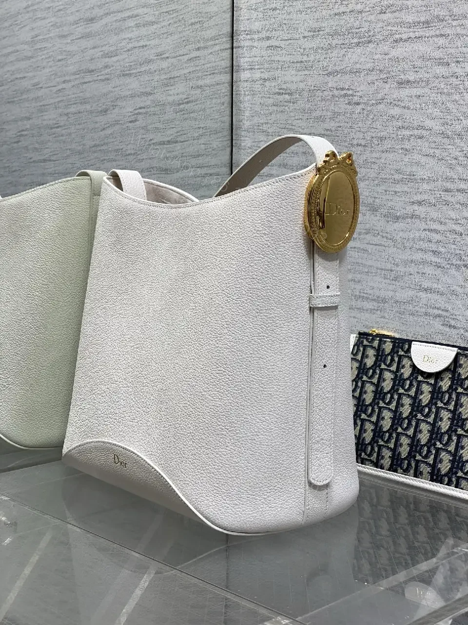View 3 of White Pebbled Leather Crescent Bag with Navy Dior Wallet Set