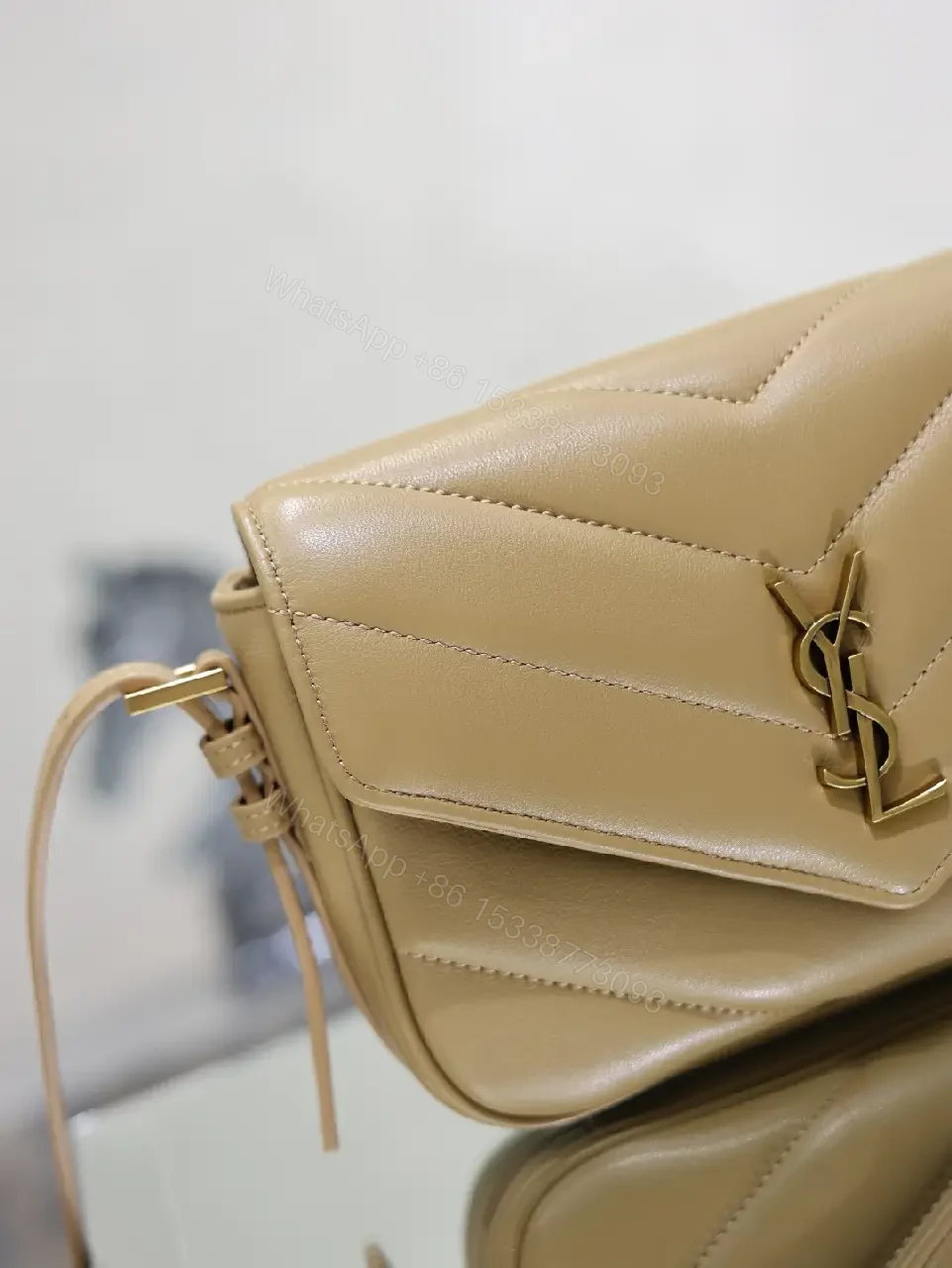 View 5 of Beige Leather Crossbody Bag Flap Chevron Stitching
