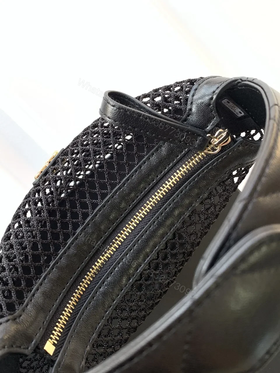 View 7 of Compact Mesh Satchel — Leather Trim, Gold Emblem, Everyday Luxe