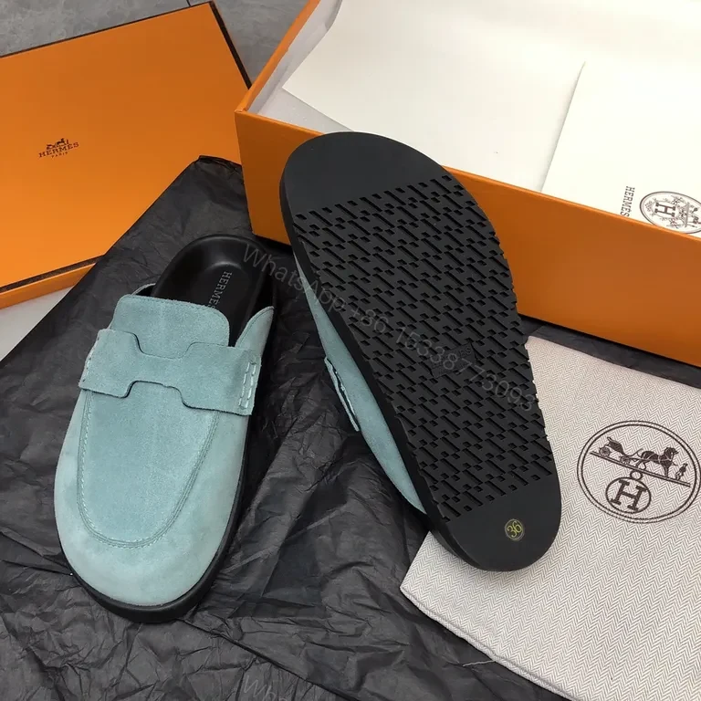 View 4 of Powder Blue Suede Driving Slippers â€“ Luxury Hermes-Inspired Style