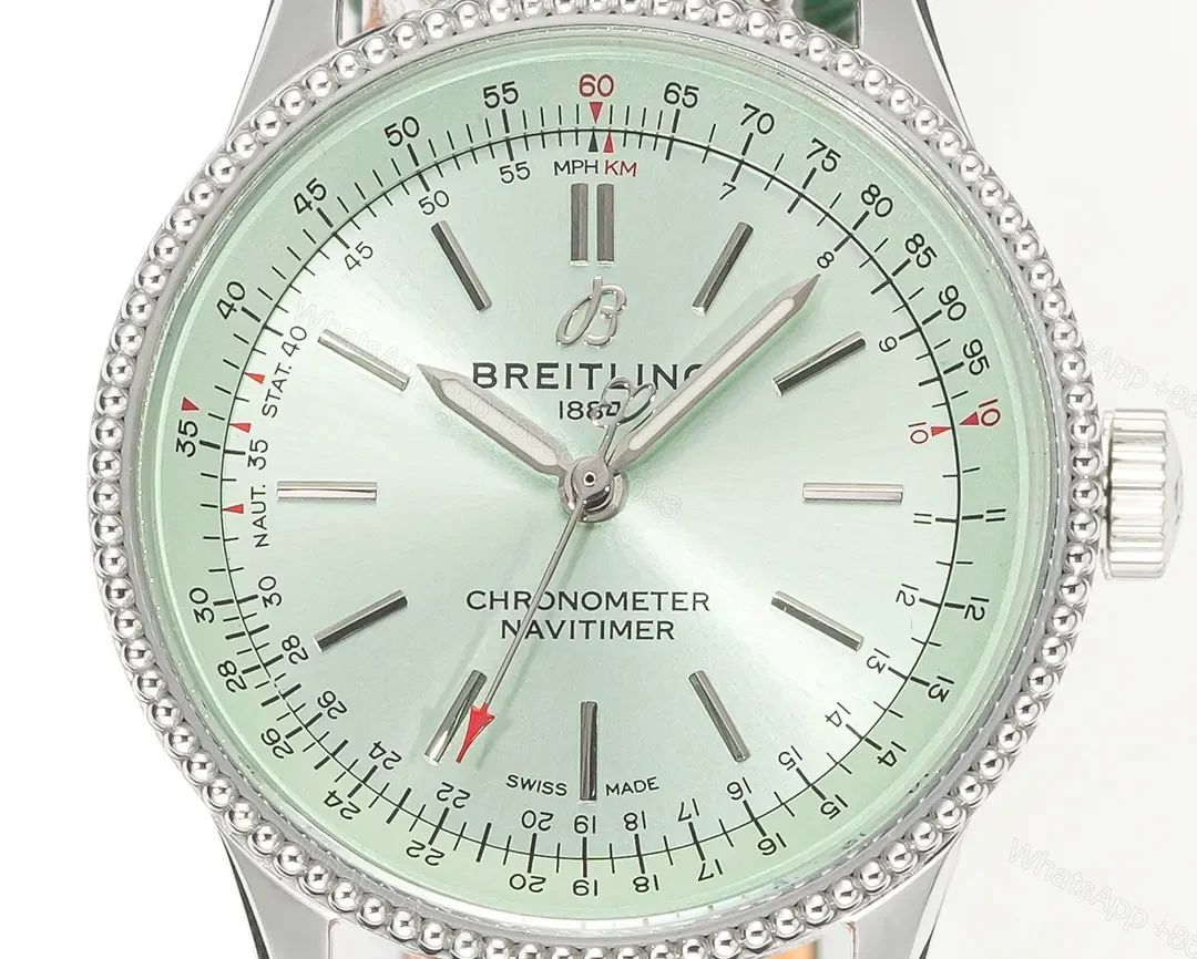 View 3 of OM Factory Breitling Women’s Navitimer Automatic Watch – Green Dial, Green Leather Strap, 35mm Stainless Steel Case