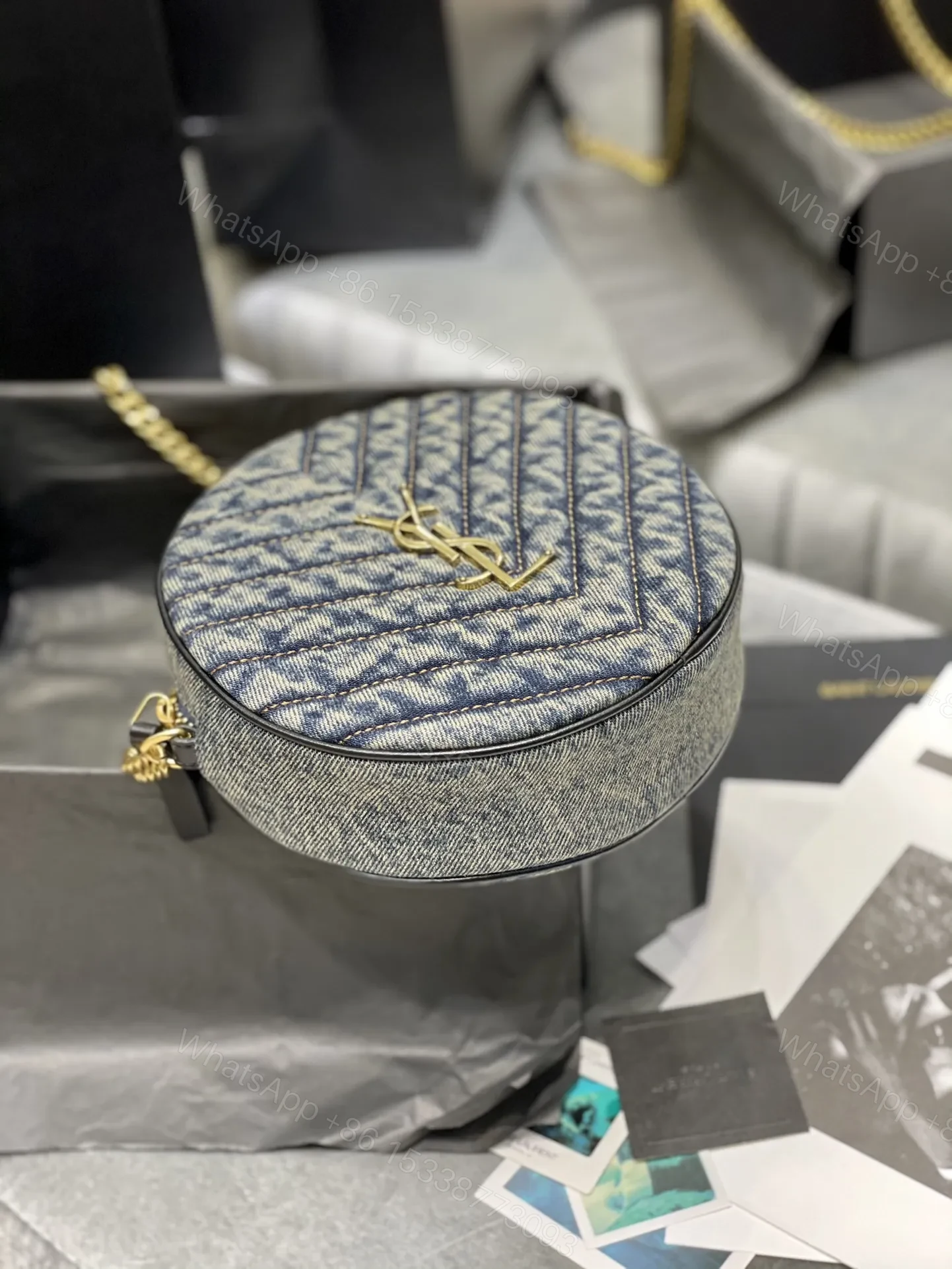 View 3 of Saint Laurent YSL Women Vinyle Round Camera Bag in Chevron-Quilted Denim and Suede