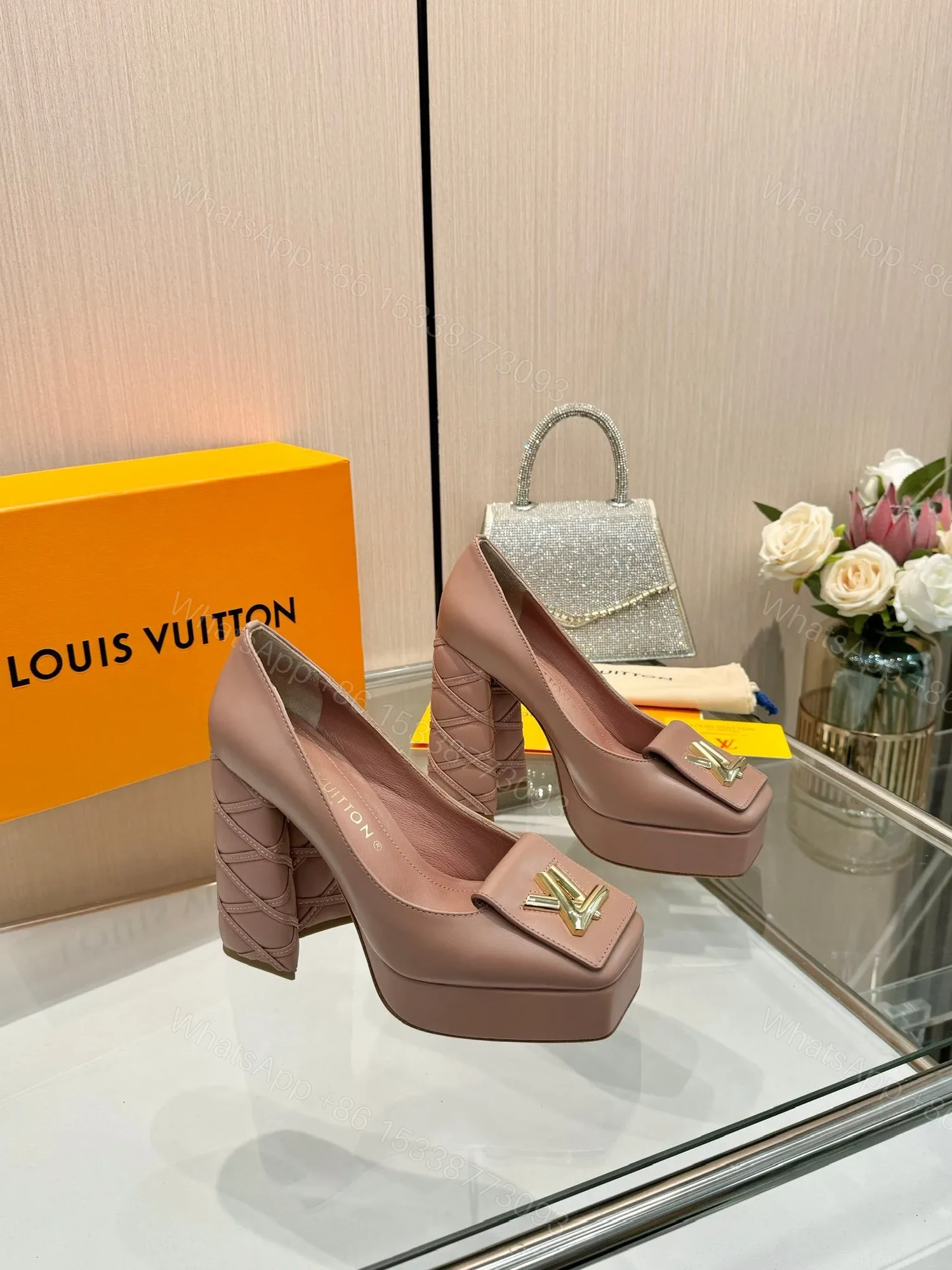 View 2 of LV Women Pink Leather Quilted Block Heels