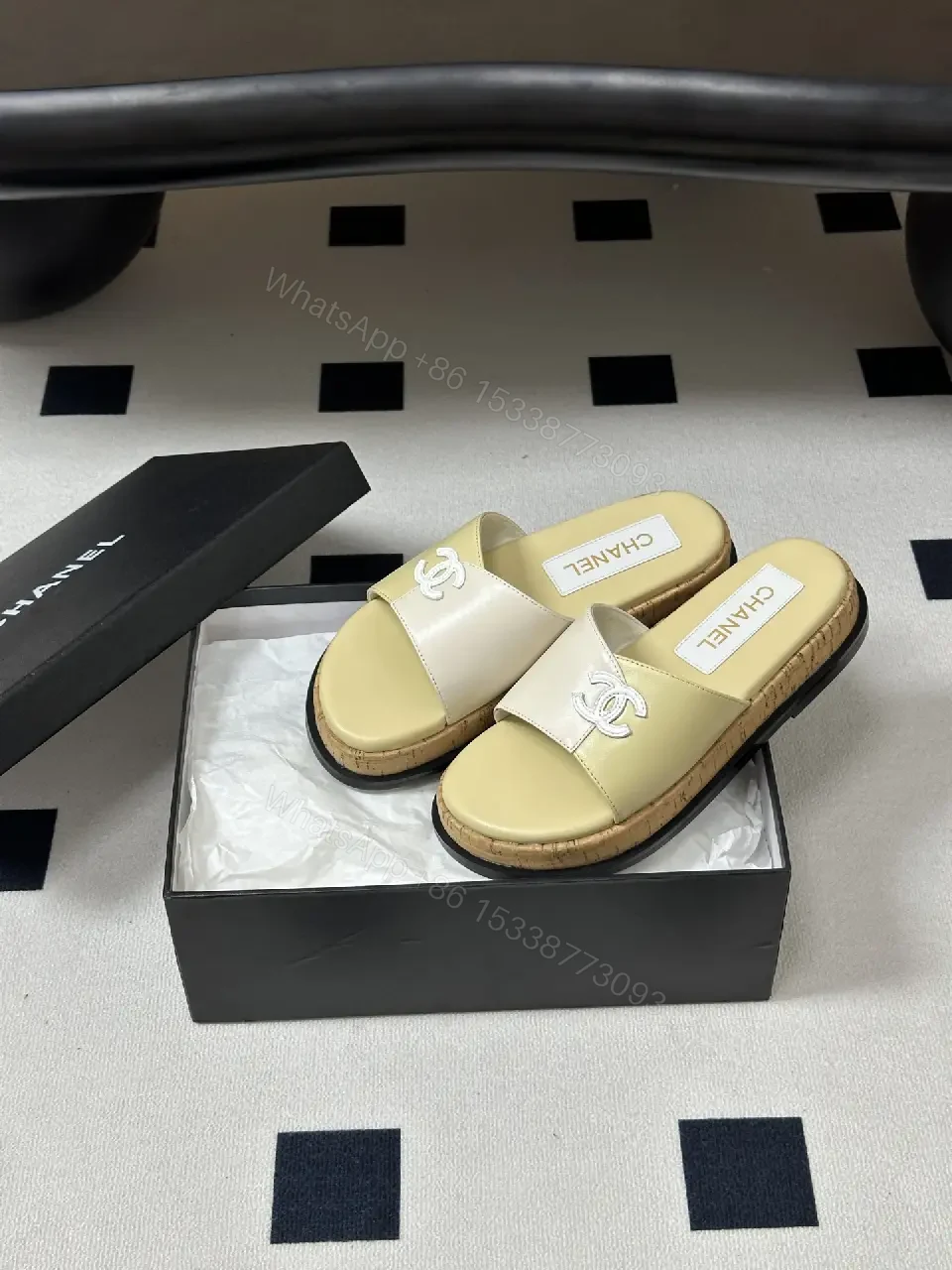 View 7 of Beige Leather Chanel-Logo Espadrille Sandals